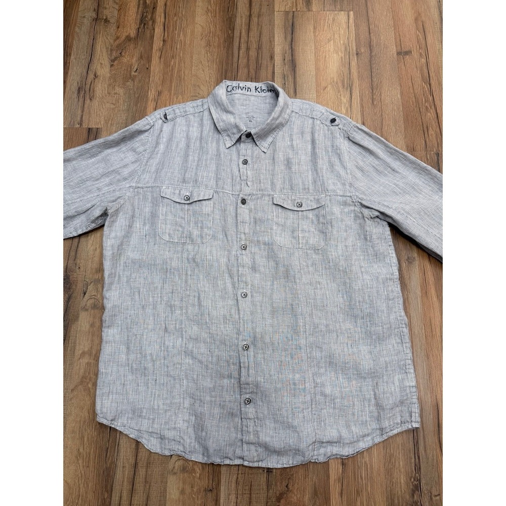 Calvin Klein Linen Shirt XL Gray Striped Long Sleeve Button Up Casual